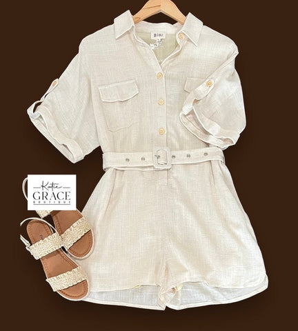 LAST ONE! "Renea" Linen Blend Romper - The Katie Grace Boutique