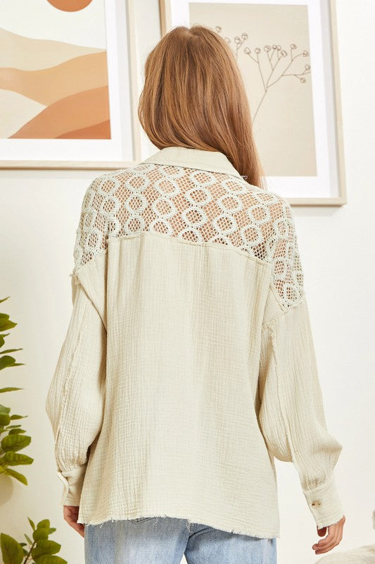 "Kenzie" Soft Cotton Blouse with Lace Insets - The Katie Grace Boutique