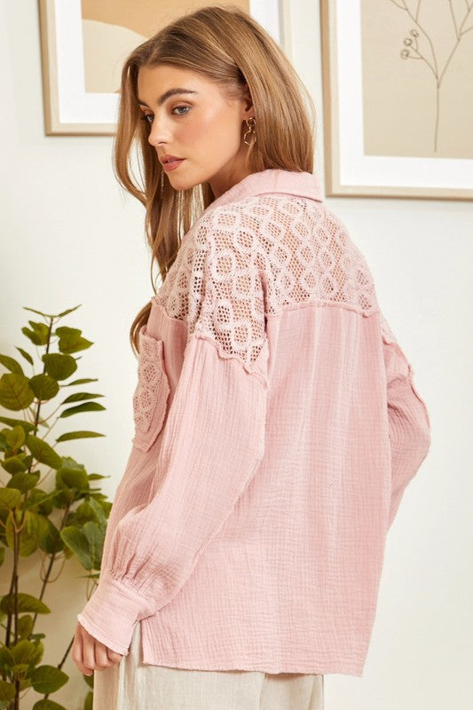 "Kenzie" Soft Cotton Blouse with Lace Insets - The Katie Grace Boutique