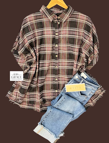 "Shalynn" Oversized Textured Plaid Blouse - The Katie Grace Boutique