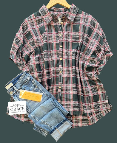 "Britt" Textured Plaid Blouse - The Katie Grace Boutique