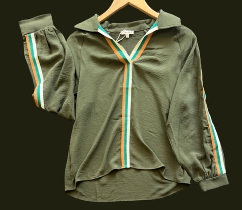 "Tellie" Blouse with Contrast Striping - The Katie Grace Boutique