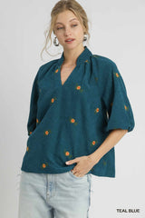 "Autumn" Corduroy Embroidered Shirt - The Katie Grace Boutique
