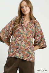 "Bethany" Leaf Motif Blouse - The Katie Grace Boutique