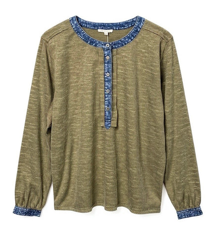 "Gretchen" Henley Top with Denim Trim - The Katie Grace Boutique
