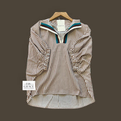 "Trista" Striped Blouse, Mocha +Teal - The Katie Grace Boutique
