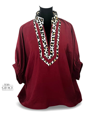"Terry"  Leopard Trim Dolman Blouse - The Katie Grace Boutique