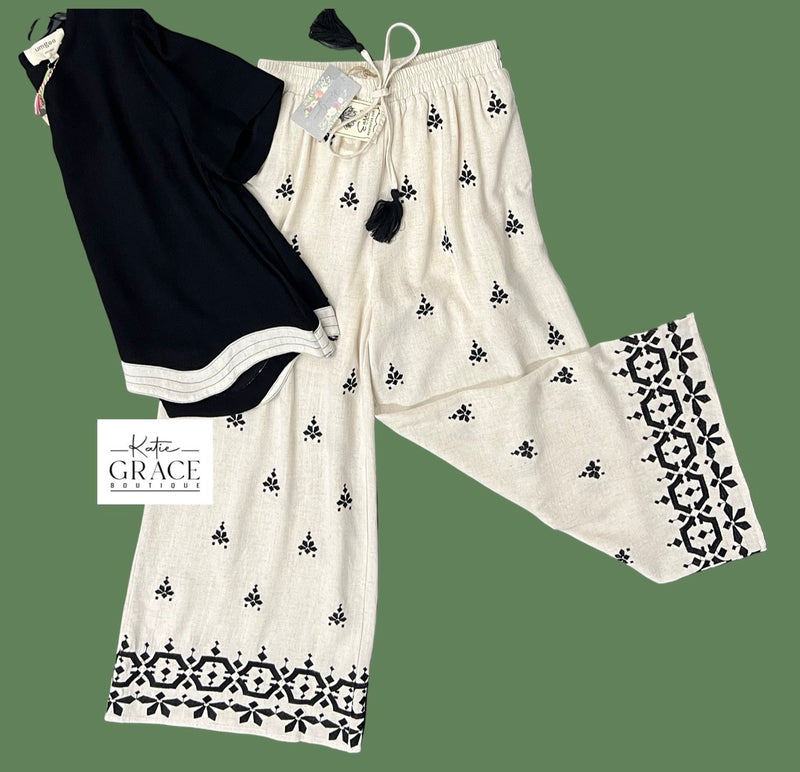 "Evie" Embroidered Linen Pants - The Katie Grace Boutique