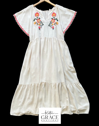 "Pollyana" Embroidered Dress, Cream - The Katie Grace Boutique