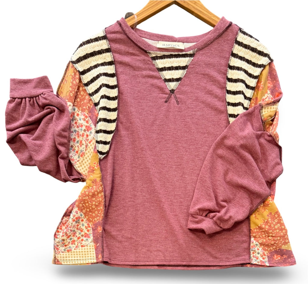 "Melody" Mixed Fabric Top - The Katie Grace Boutique