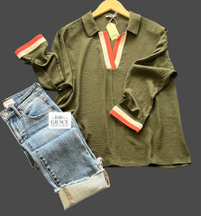 "Tellie" Blouse with Contrast Striping - The Katie Grace Boutique
