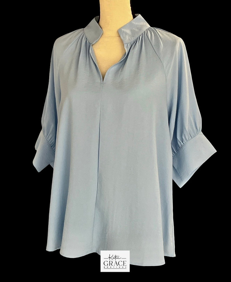 "Caroline" 3/4 Sleeve Blouse, Blue - The Katie Grace Boutique