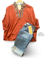 "Gemma" Blouse with Leopard - The Katie Grace Boutique