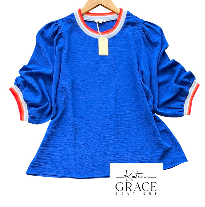 "Reba" Striped Details, Blue - The Katie Grace Boutique