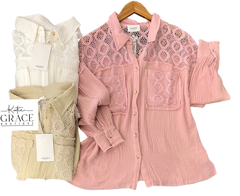 "Kenzie" Soft Cotton Blouse with Lace Insets - The Katie Grace Boutique