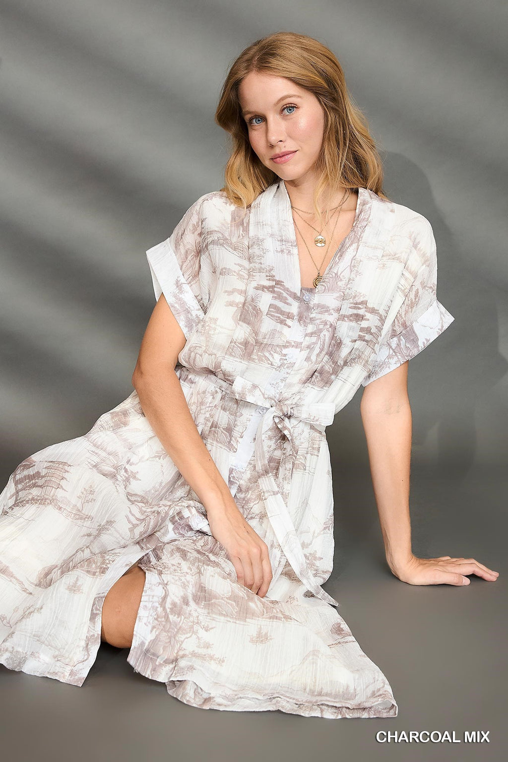 "Ophelia" Toile Midi Dress, Taupe - The Katie Grace Boutique