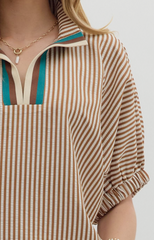 "Trista" Striped Blouse, Mocha +Teal - The Katie Grace Boutique